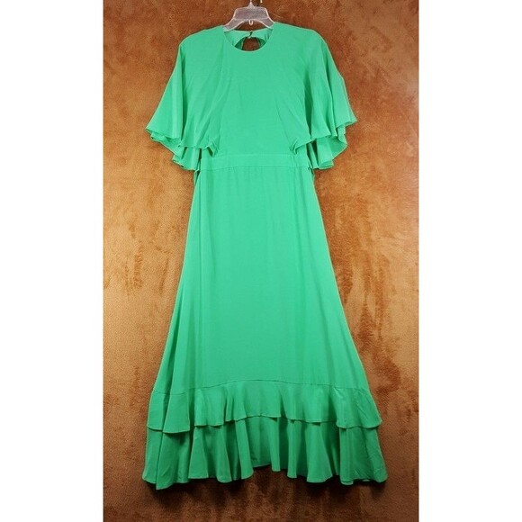 ALEXIS Midi Dress Womens Size 0 Green Cape Sleeve Tiered 100% Silk CATELINE - Picture 2 of 15